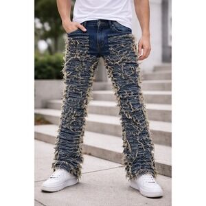 KDNK Mens Distressed Shredded Frayed stacked Denim Jeans Blue Size 32 Streetwear